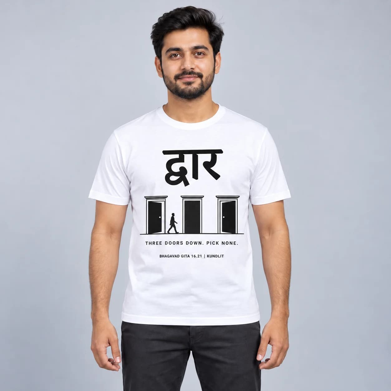 Dvara (Three Gates) Sanskrit T-shirt - Bhagavad Gita 16.21 - White — white front
