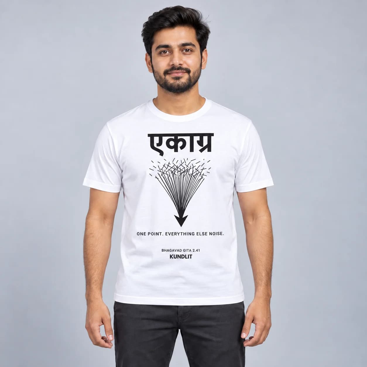 Ekagra (Focus) Sanskrit T-shirt - Bhagavad Gita 2.41 - White — white front