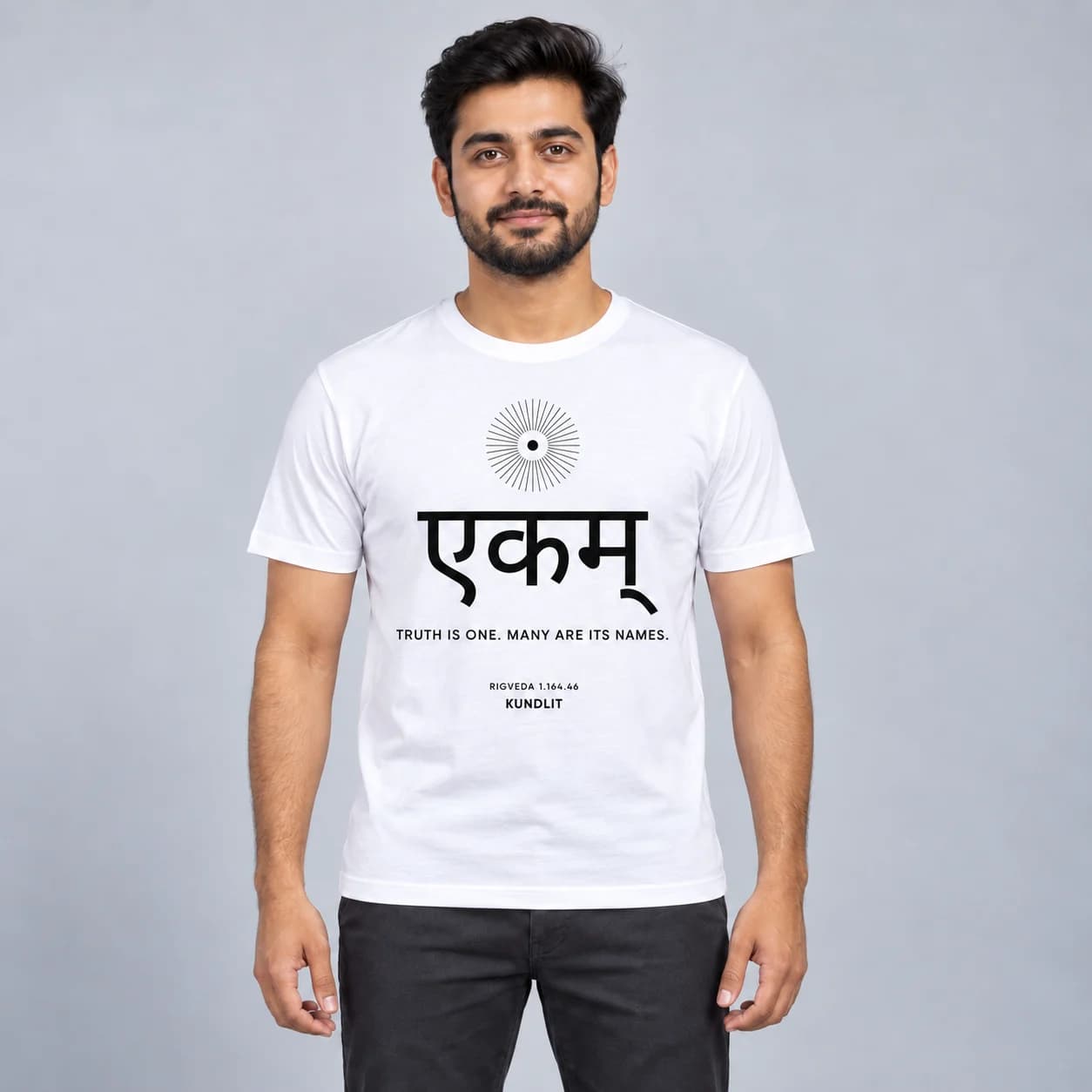 Ekam (Truth Is One) Sanskrit T-shirt - Rigveda 1.164.46 - White — white front