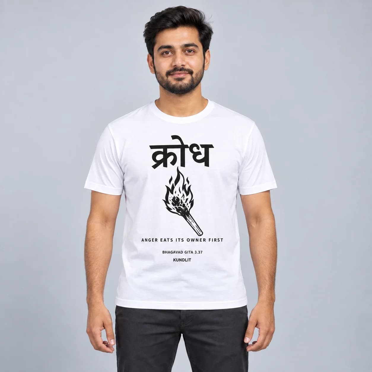 Krodha (Anger) Sanskrit T-shirt - Bhagavad Gita 3.37 - White — white front