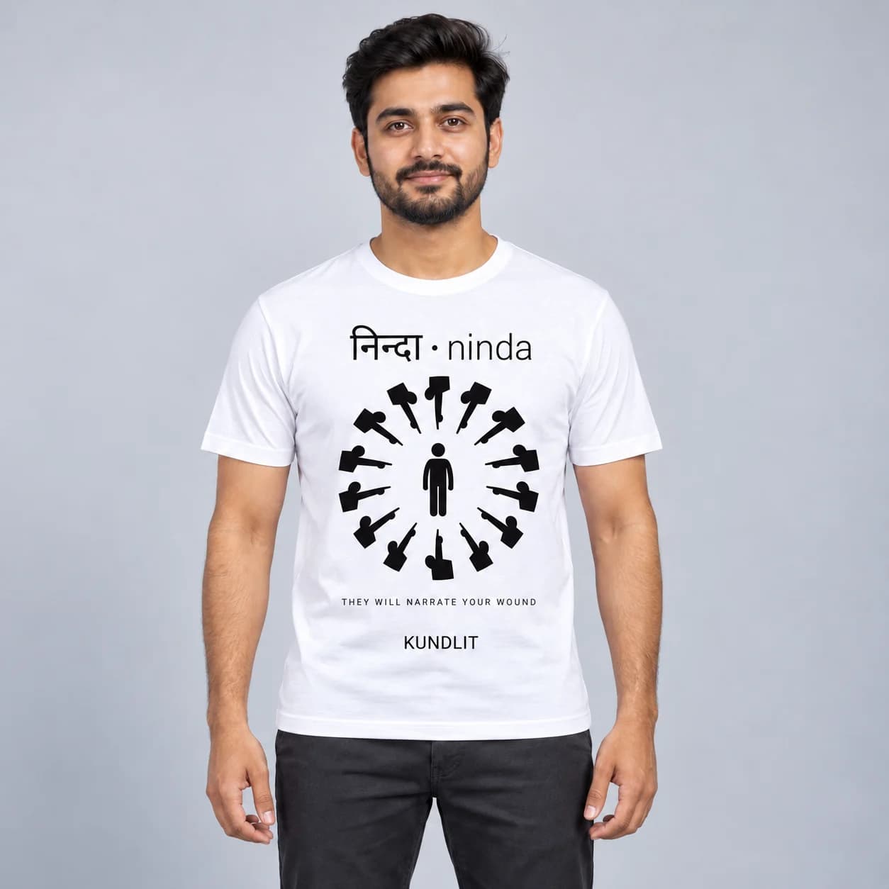 Ninda (Slander) Sanskrit T-shirt - Spiritual Quote Tee - White — white front