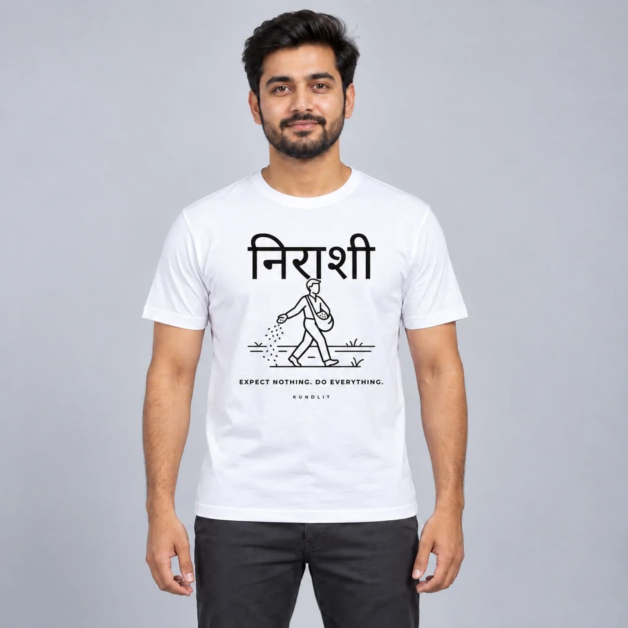 Nirashi (Without Expectation) Sanskrit T-shirt - Spiritual Tee - White — white front