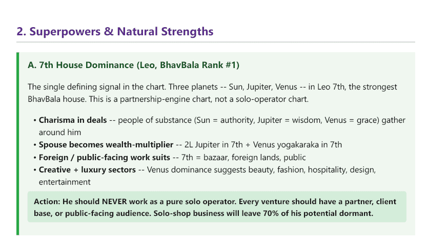 A real report section — Superpowers & Natural Strengths — 7th-house dominance. Names and birth data redacted.