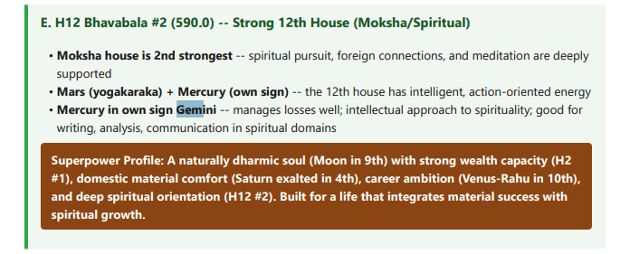 A real report section — Strong 12th house — spiritual superpower profile summary. Names and birth data redacted.