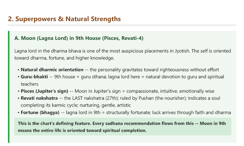 A real report section — Superpowers & Natural Strengths — Moon (lagna lord) in the 9th. Names and birth data redacted.