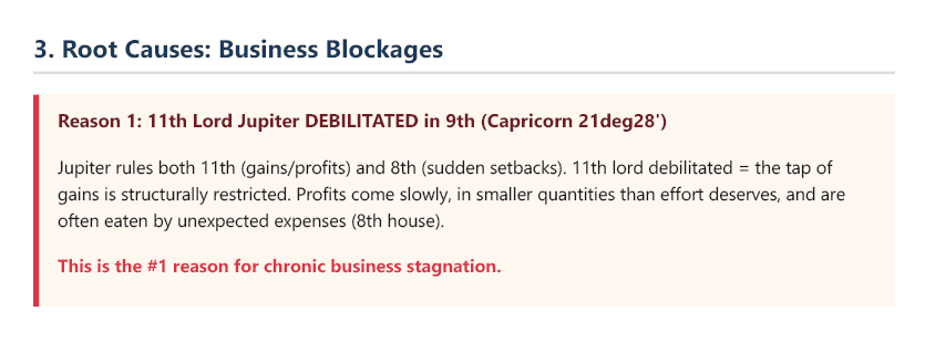 A real report section — Root Causes: Business Blockages — debilitated 11th lord. Names and birth data redacted.