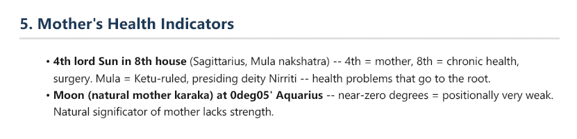 A real report section — Mother's Health Indicators. Names and birth data redacted.