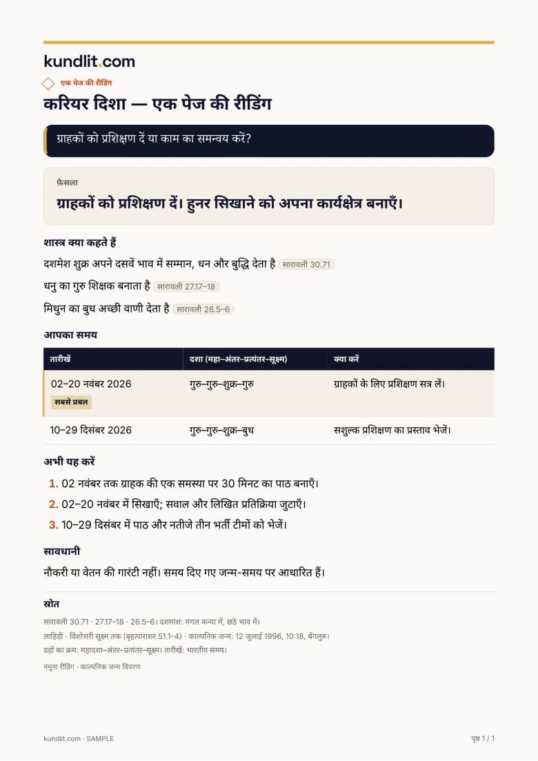 नमूना एक पेज की रीडिंग, काल्पनिक जन्म विवरण