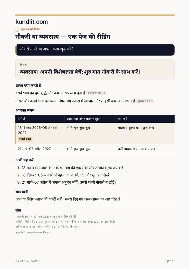नमूना एक पेज की रीडिंग, काल्पनिक जन्म विवरण