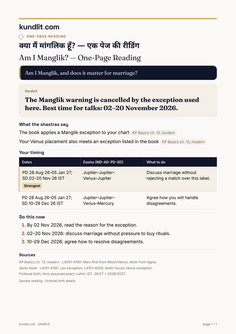 Sample one-page reading, made-up birth details