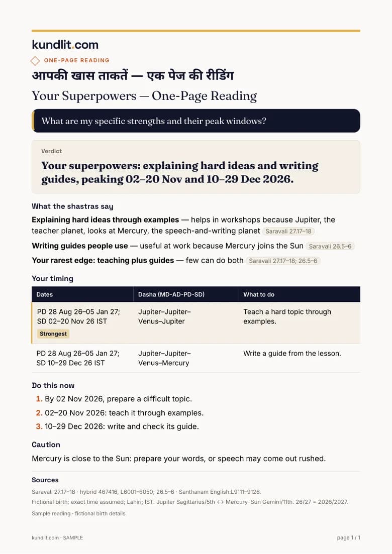 Sample one-page reading, made-up birth details
