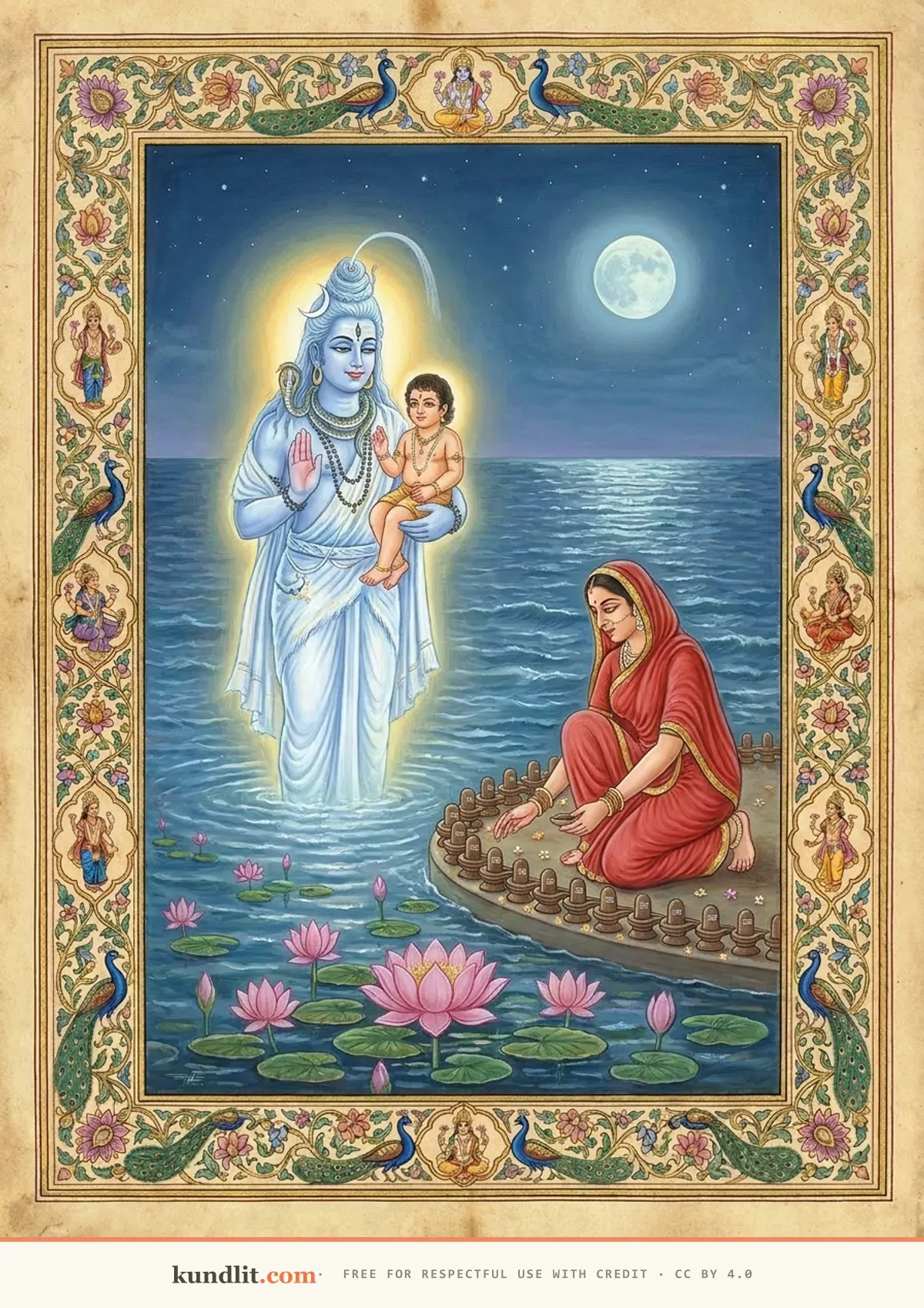 Grishneshwar jyotirlinga — Ghushma placing clay lingas into the lotus pond as Shiva rises from it restoring her son