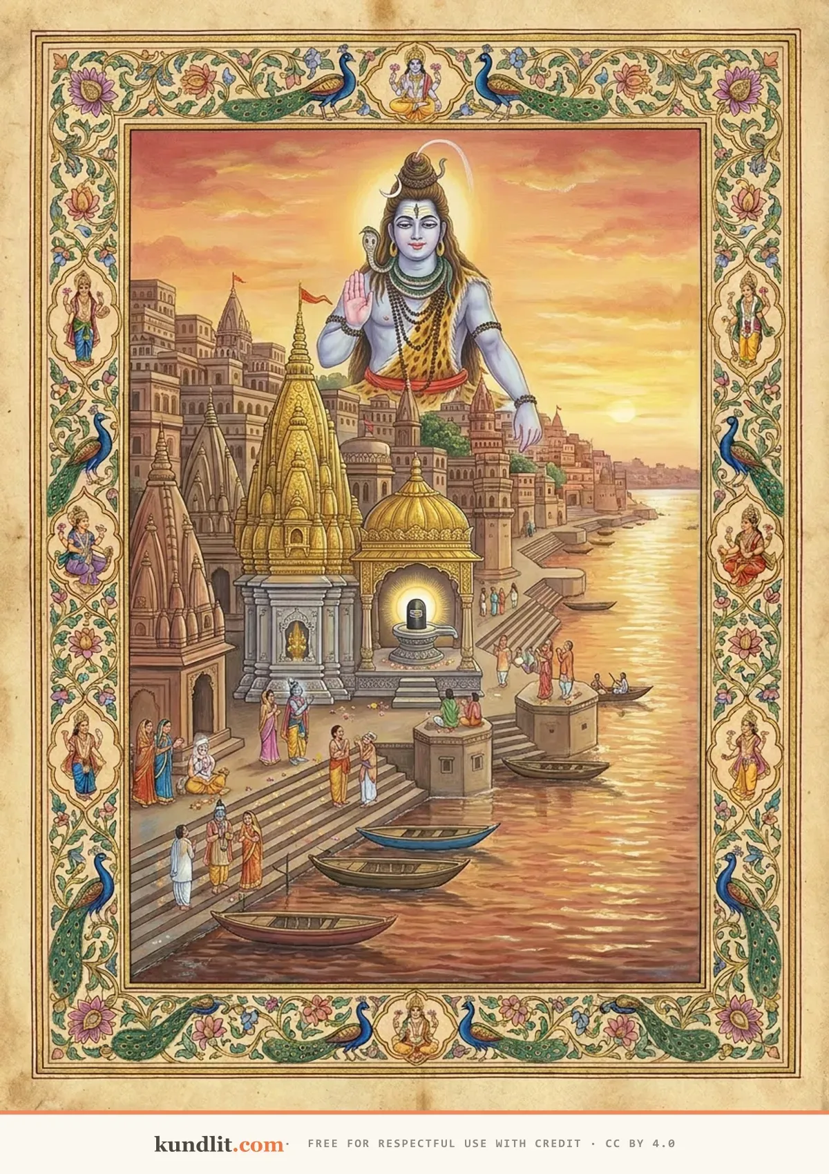 Kashi Vishwanath jyotirlinga — Varanasi rising above the Ganga with the golden-spired temple at its heart