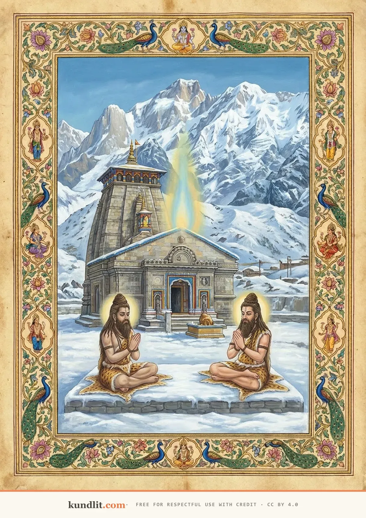 Kedarnath jyotirlinga — the stone shrine among snow peaks with the sages Nara and Narayana in meditation