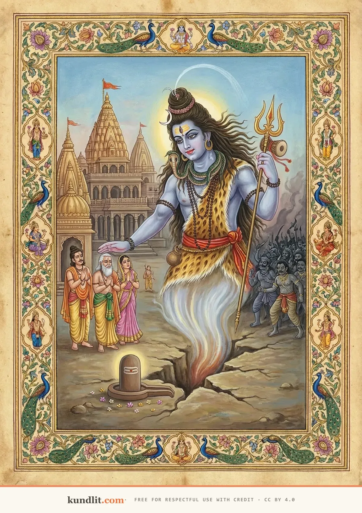 Mahakaleshwar jyotirlinga — Shiva erupting from the earth as Mahakala to protect Avantika from the demon army