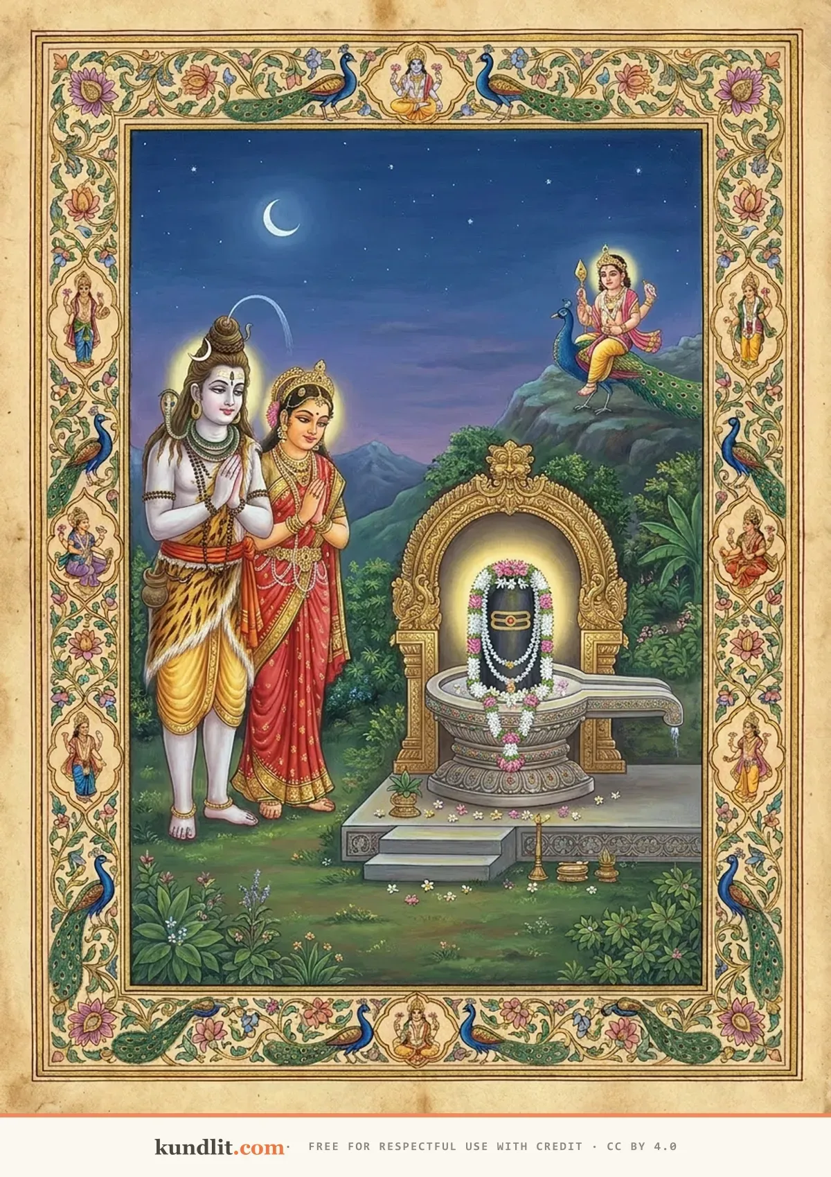 Mallikarjuna jyotirlinga — Shiva and Parvati on Srishaila gazing toward Kartikeya seated apart with his peacock