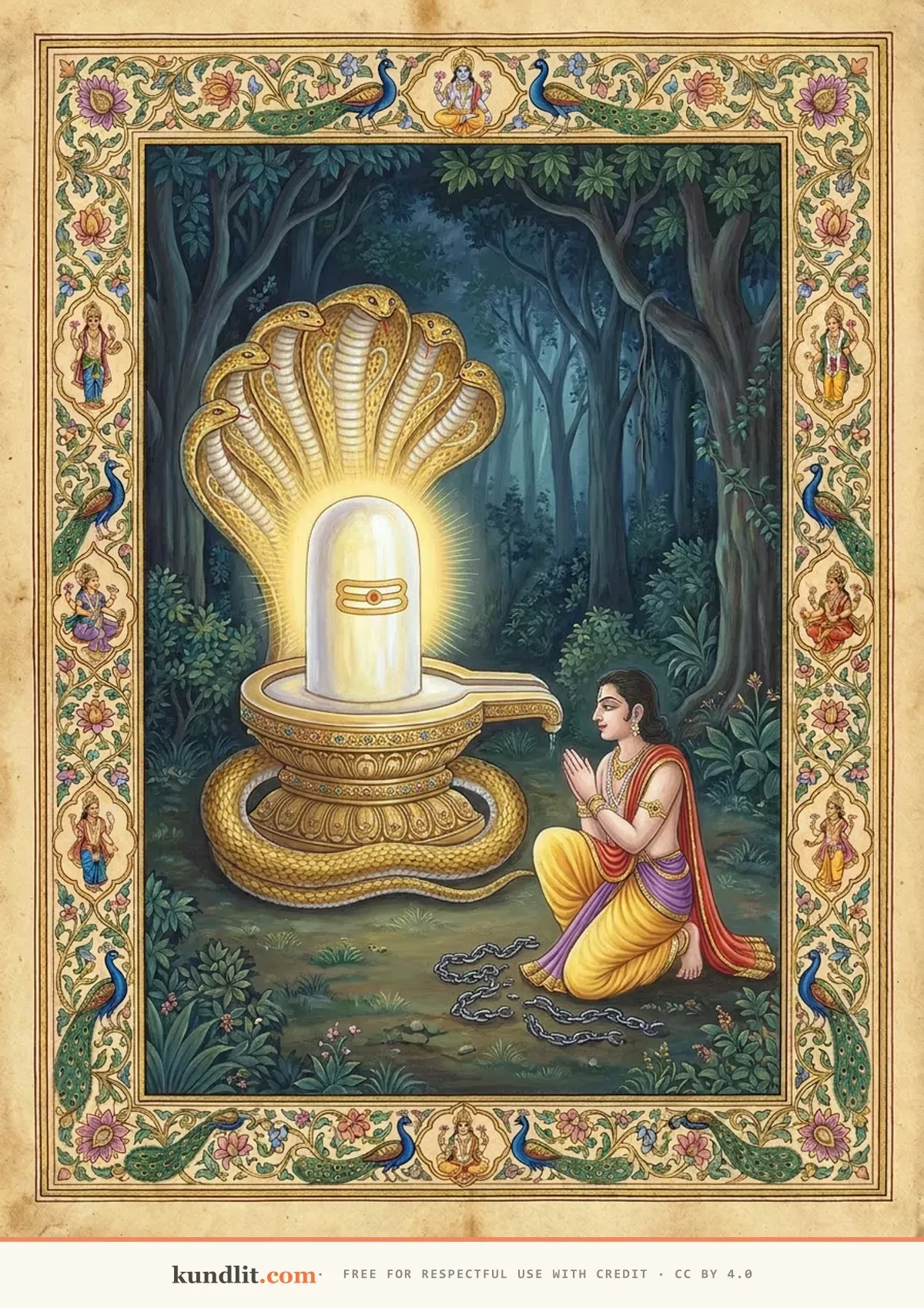 Nageshwar jyotirlinga — the linga beneath a golden many-hooded serpent canopy, the freed devotee Supriya kneeling beside his broken chains