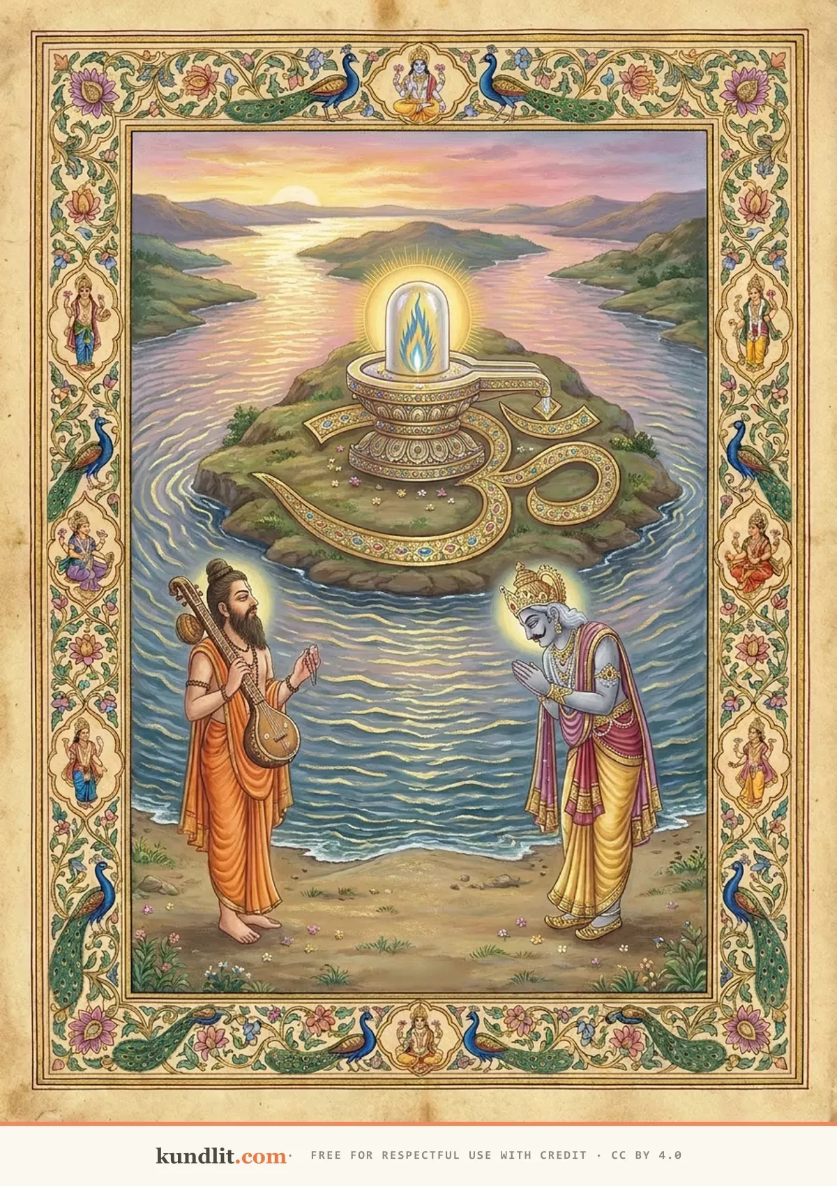 Omkareshwar jyotirlinga — the Narmada curving around Mandhata island, Vindhya bowing in worship as Narada watches