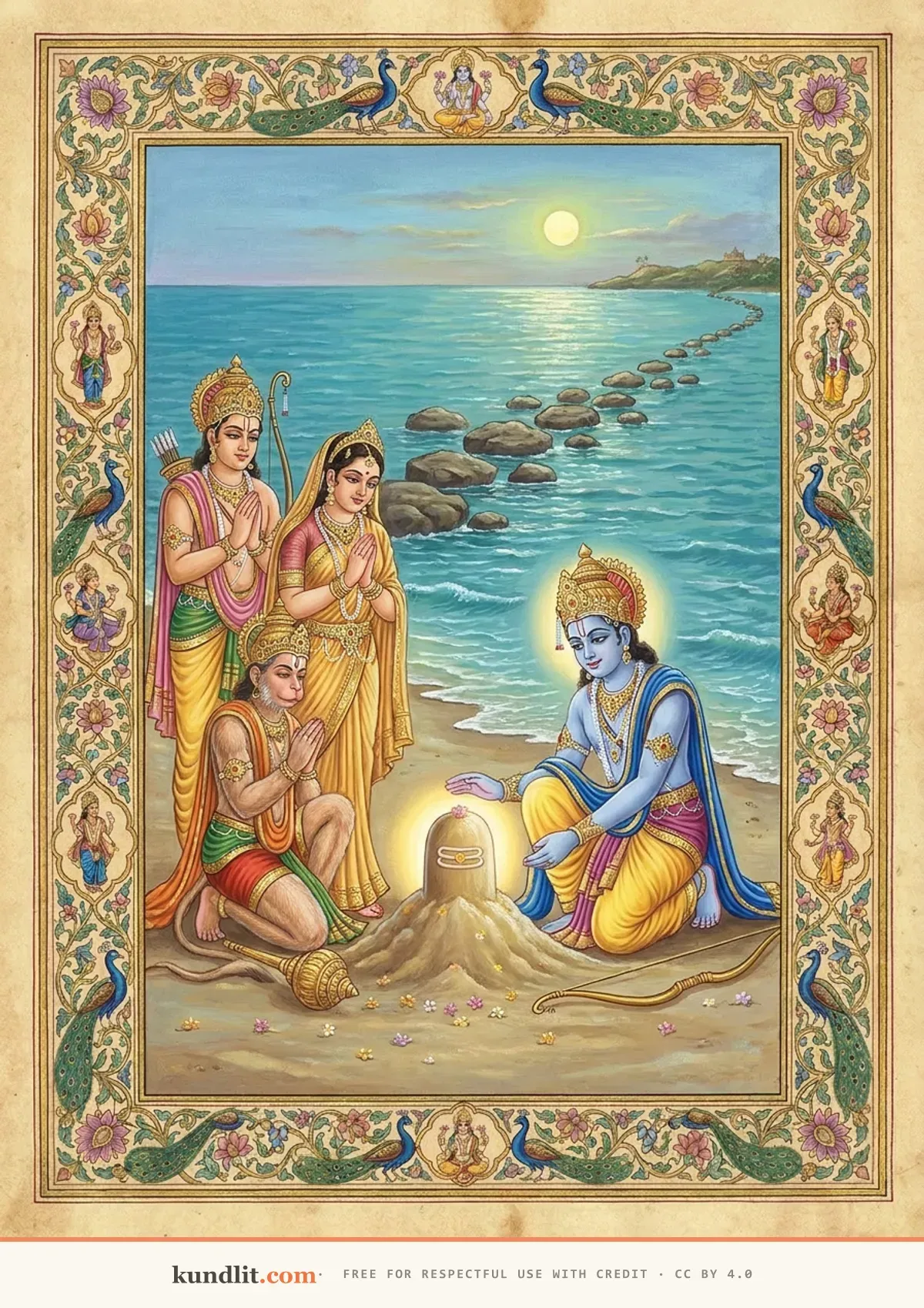 Rameshwaram jyotirlinga — Rama and Sita worshipping the sand linga on the seashore, the bridge of floating stones stretching toward Lanka