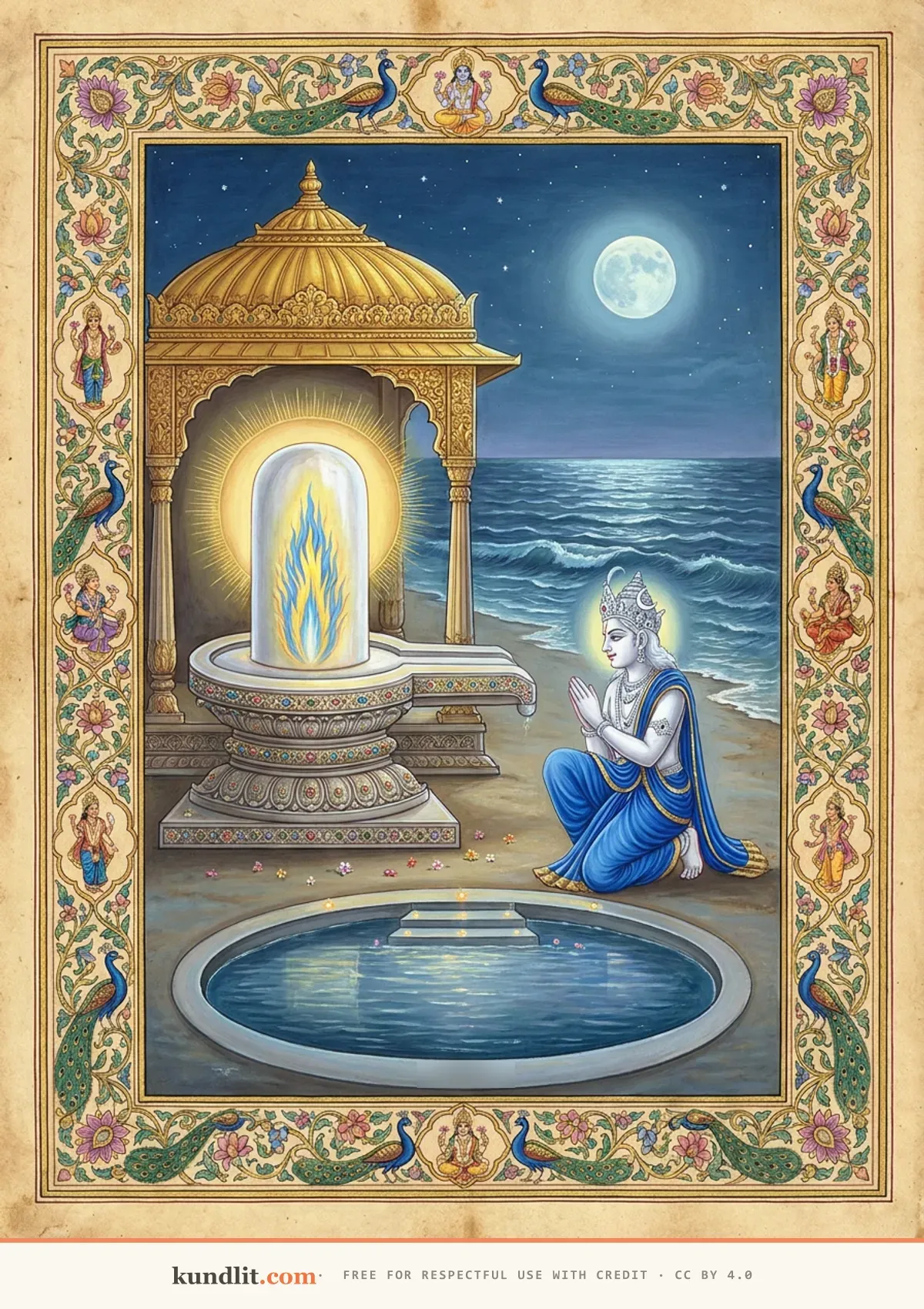 Somnath jyotirlinga — Chandra the moon god worshipping the radiant linga by the sea at Prabhasa, the Chandrakund pool before him