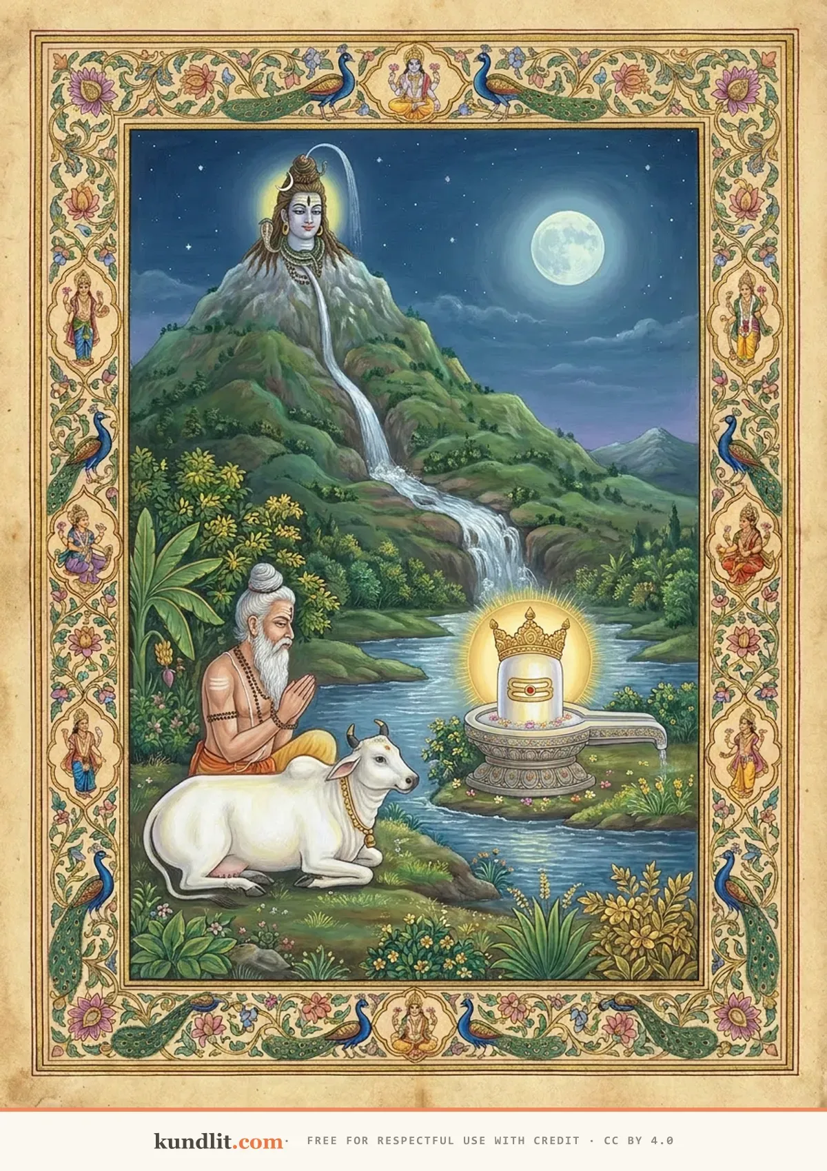 Trimbakeshwar jyotirlinga — the Godavari descending from Shiva's matted locks down Brahmagiri to the sage Gautama and his cow