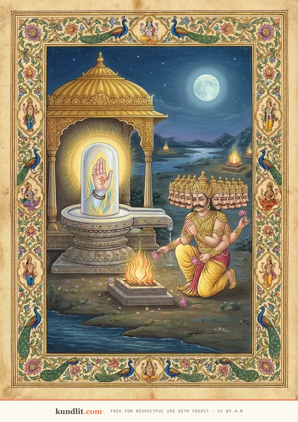 Vaidyanath jyotirlinga — the ten-headed Ravana kneeling in devotion before the linga, offering lotuses into the sacred fire