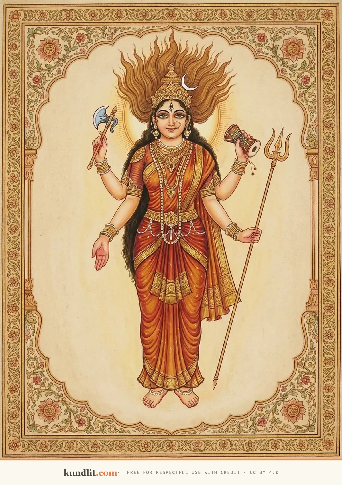 Bhadrakali — traditional painting per the Phetkarini Tantra dhyana: four arms holding the tanka axe, skull-cup, damaru and trident, crescent moon in her flame-like hair