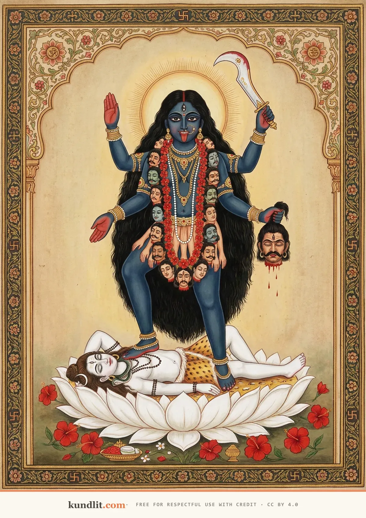 Dakshina Kali — traditional painting per the Kali Tantra dhyana: four arms, sword and severed head on her left, abhaya and varada gestures on her right, standing on Shiva