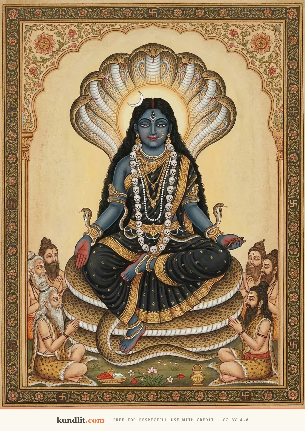 Guhya Kali — traditional painting per the Mahakala Samhita: cloud-dark, clothed in black garments, serene, seated on a coiled serpent bed beneath a canopy of serpent hoods, sages in devotion around her
