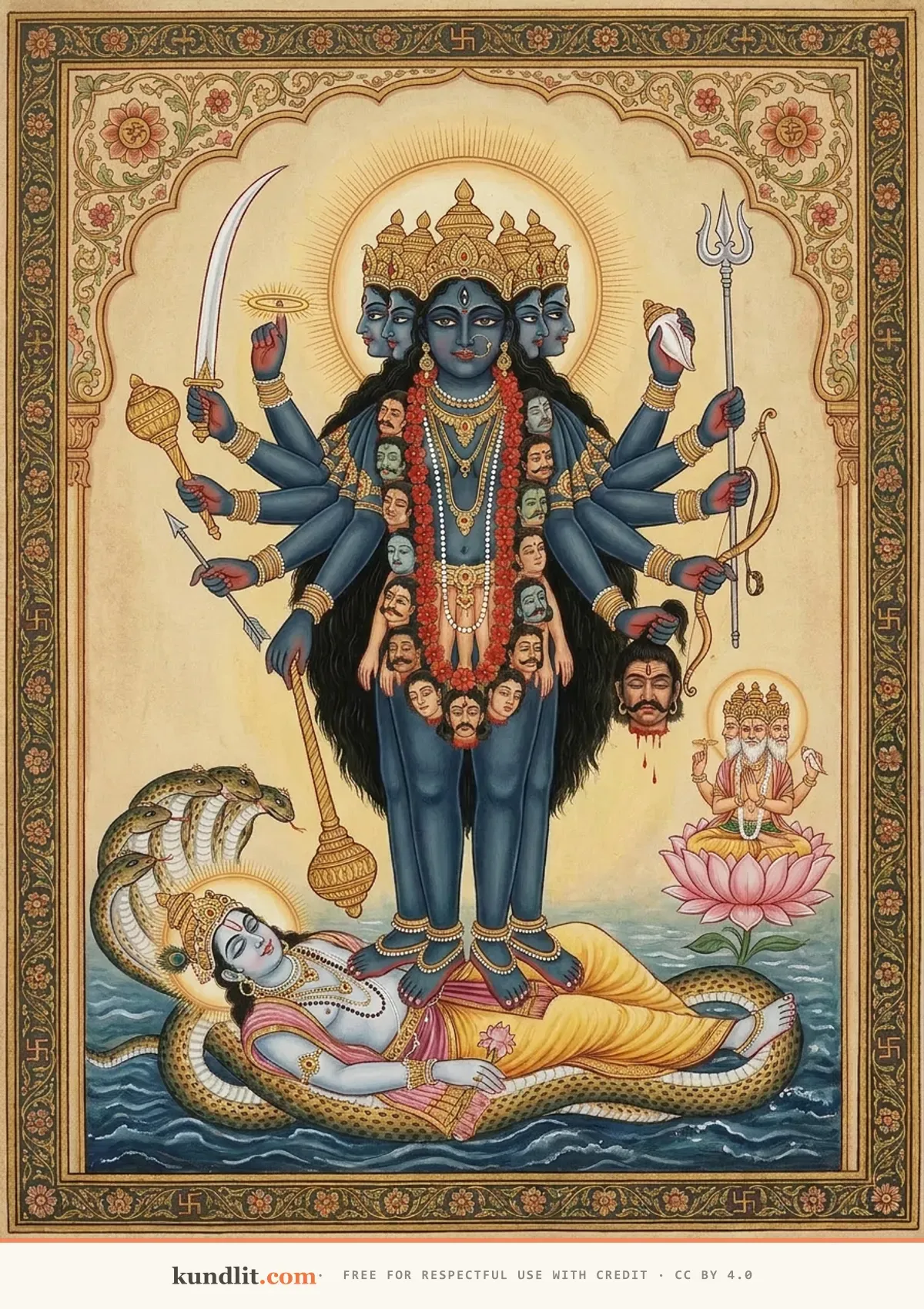 Mahakali — traditional painting per the Durga Saptashati first-chapter dhyana: ten faces and ten arms bearing sword, discus, mace, bow, arrow, club, trident, sling, severed head and conch, above Vishnu asleep on Shesha with Brahma on the lotus