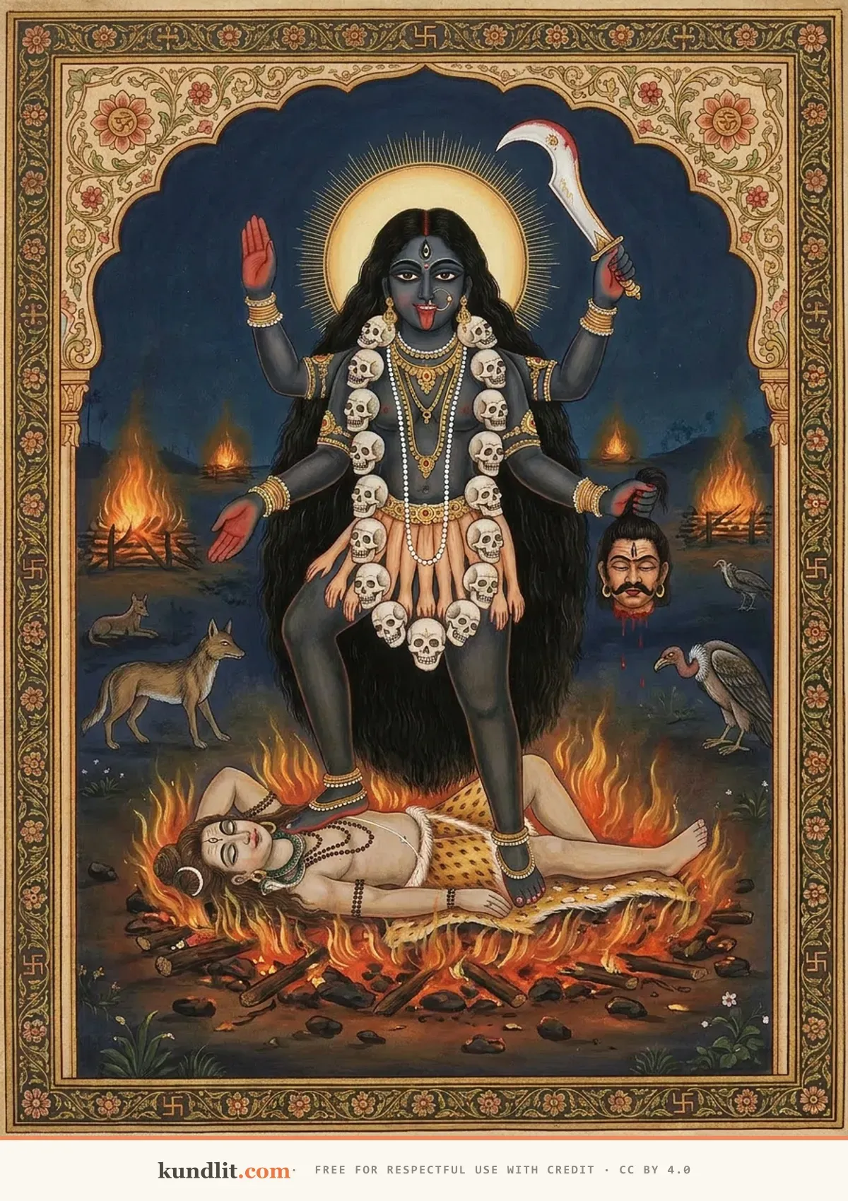 Shamshan Kali — traditional painting: the dark goddess with sword and severed head in a night cremation ground with distant pyres, standing upon the corpse-seat